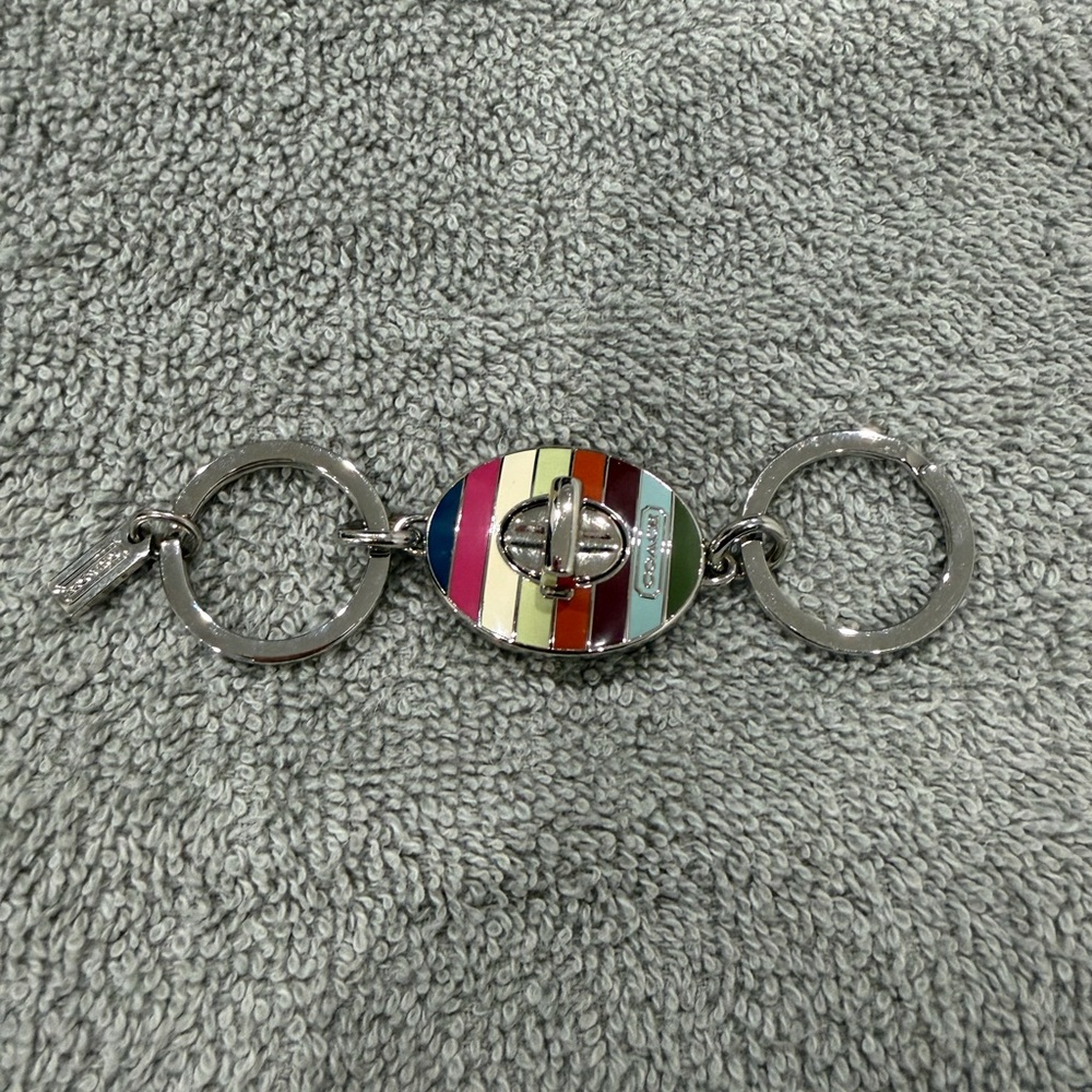 Coach - Colorful Striped Keychain with Silver Accents
